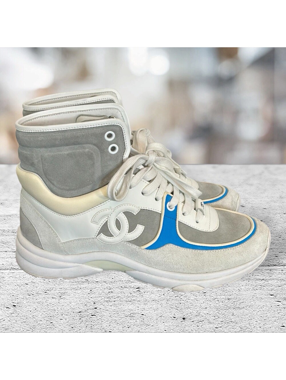 CHANEL BLUE, WHITE, GREY HIGH TOP TRAINER SNEAKER SIZE 39 G33726